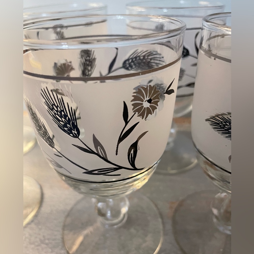 Seven Vintage 1950’s Frosted Wildflower and Wheat 5.5” Stemmed Goblets